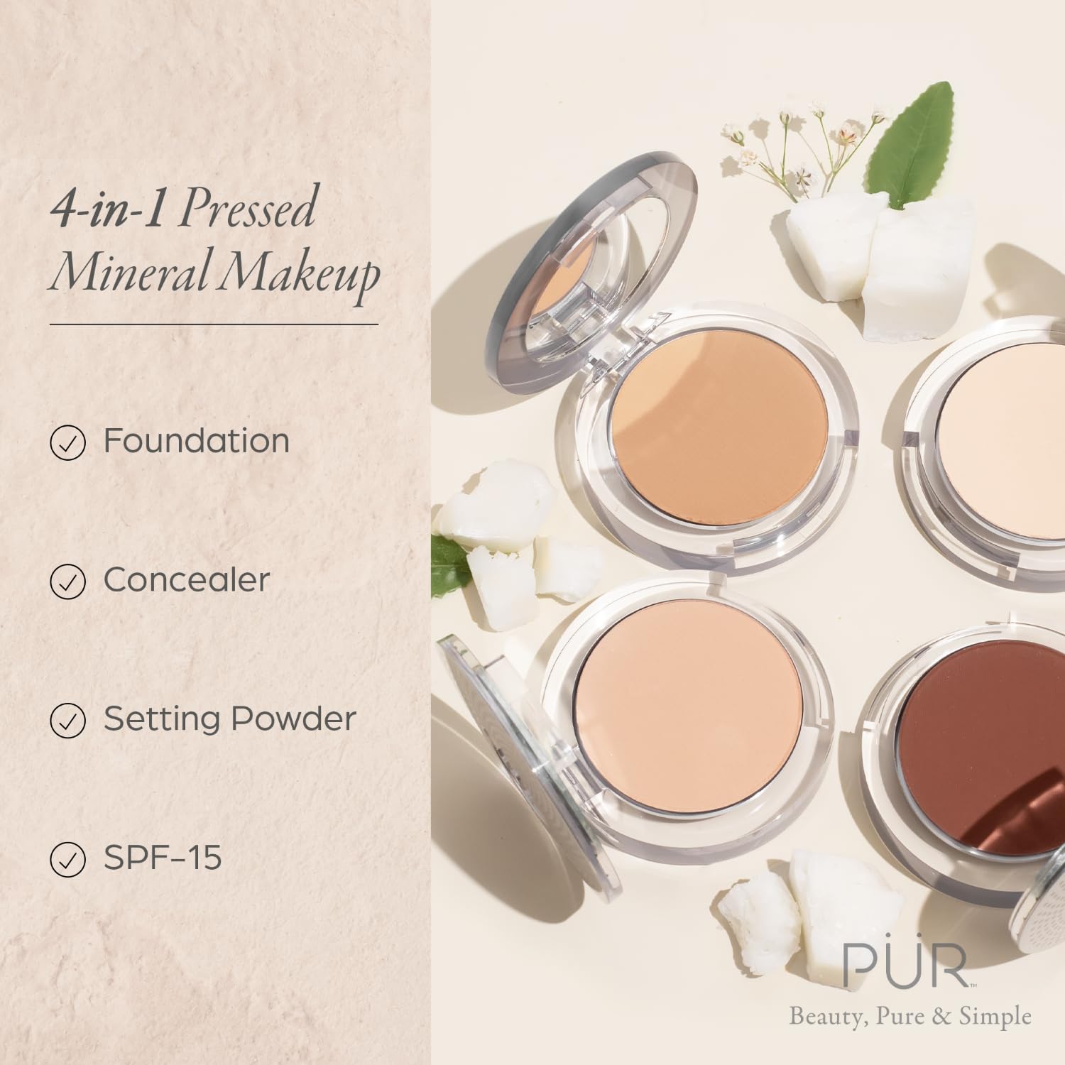 PÜR MINERALS 4-in-1 Pressed Mineral Makeup Powder Foundation with SPF 15 - Concealer & Finishing Compact Pressed Powder for Face - Buildable Medium to Full Coverage Foundation Powder