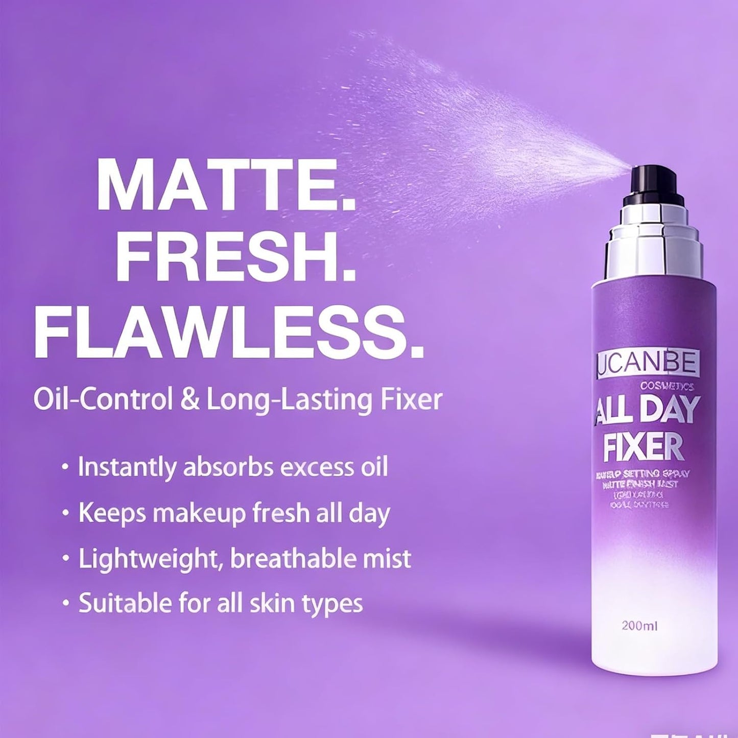 UCANBE Makeup Setting Spray - Matte Finishing Spray Long Lasting Face Mist, Oil Control Lightweight Hydrate Make Up Spray, 6.7 Fl Oz Large Size